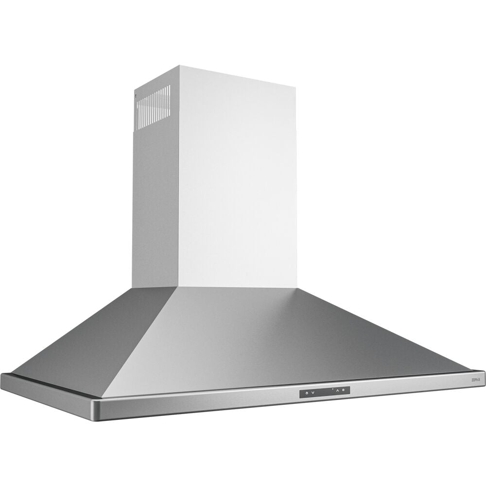 Wall mounted stainless steel chimney hood with pyramid shape and LED controls for kitchen and home improvement collections