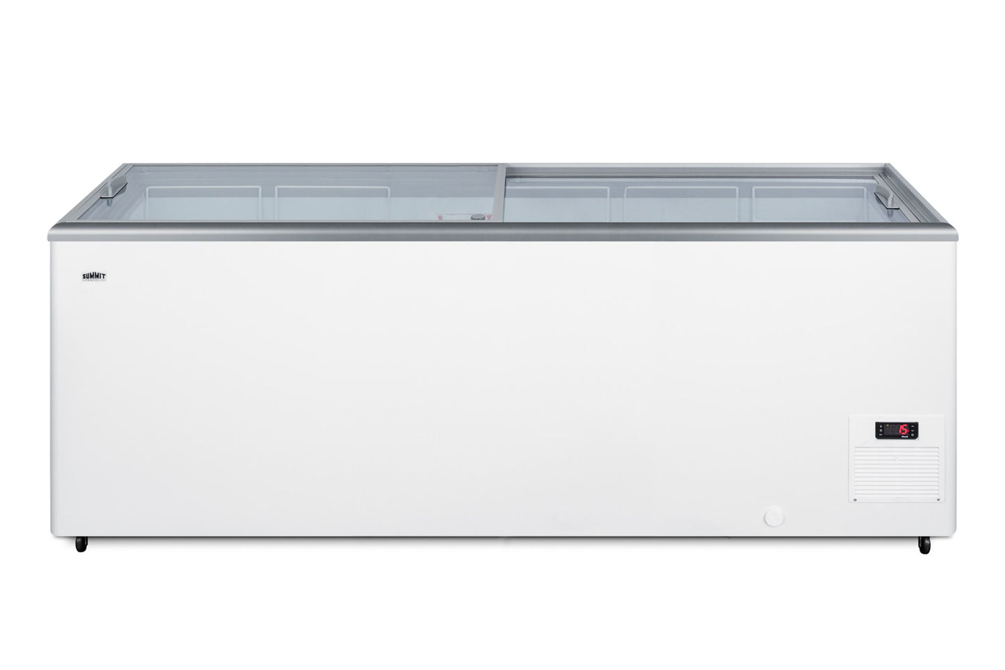 White commercial chest freezer with dual glass sliding lids and digital temperature display panel