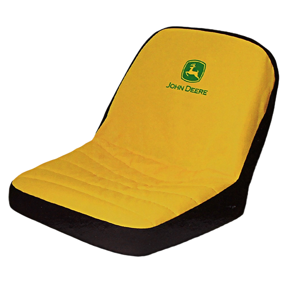 Yellow cushioned seat cover with green logo, designed for riding mowers and outdoor equipment seating comfort