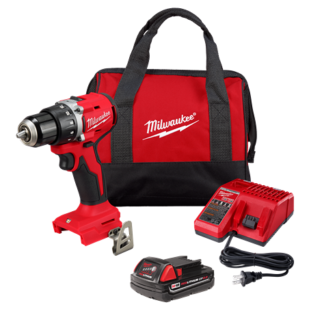Red and black compact cordless drill with battery, charger, and red and black Milwaukee branded carrying bag for tools