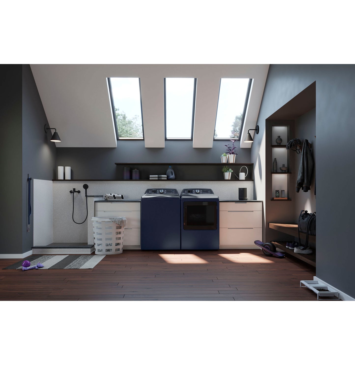 Laundry room featuring navy blue smart gas dryer and matching washer with skylights in Dryers, Appliances, and Washers & Dryers collections