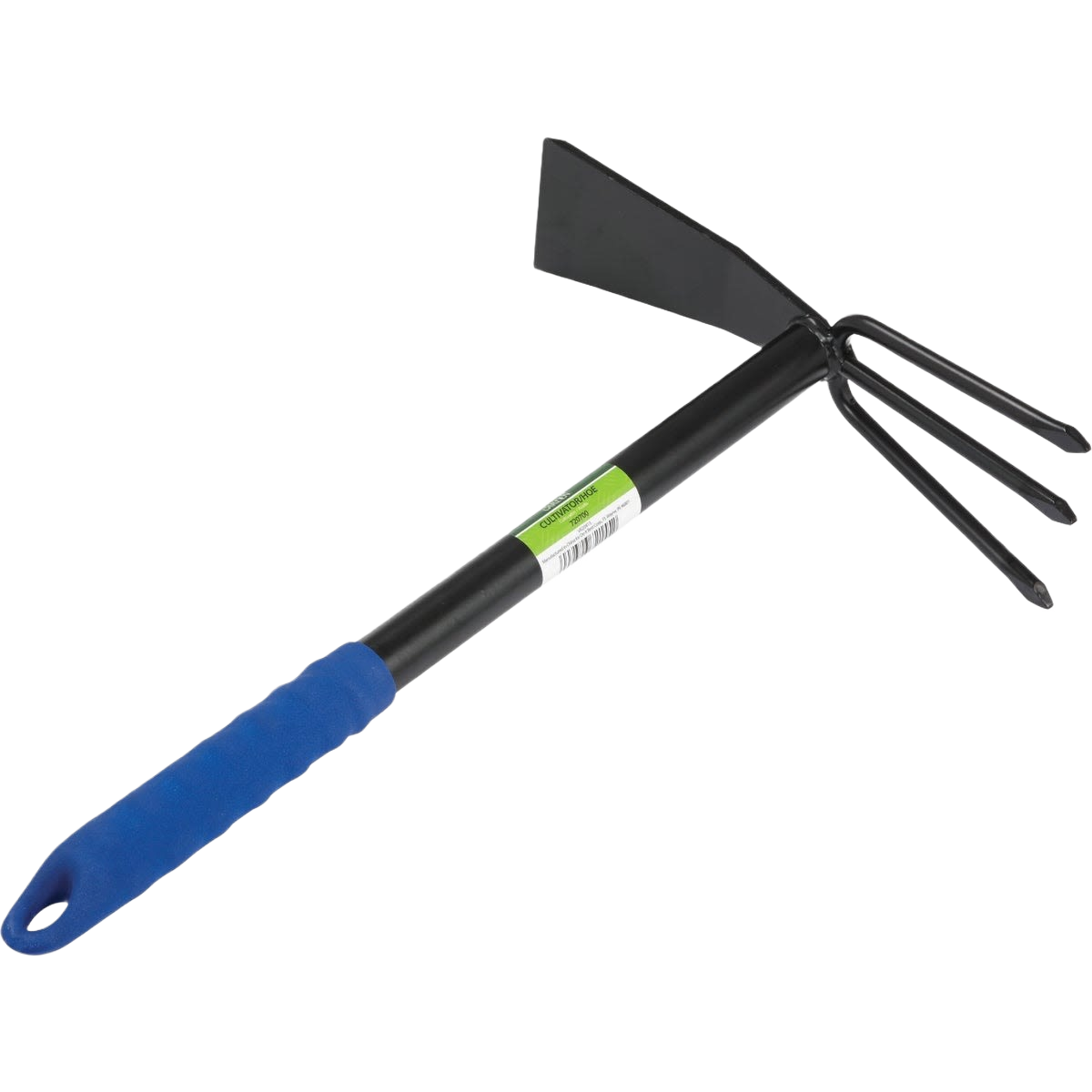 Hand cultivator and garden tiller with black metal tines and blue padded handle for tools and home improvement use
