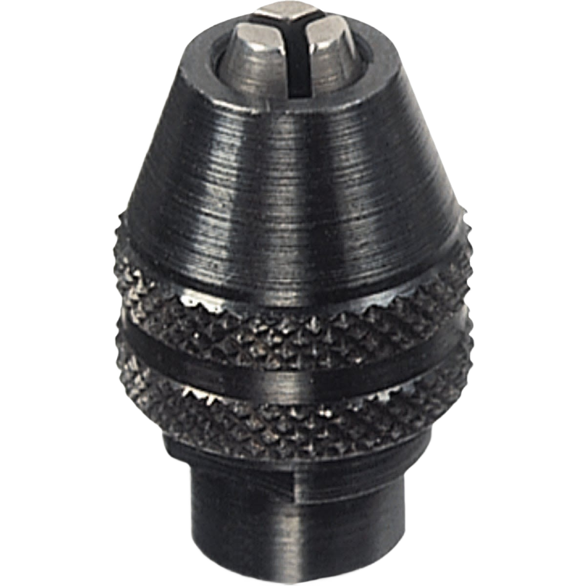 Compact black metal keyless chuck for rotary tools, ideal for tool accessories and home improvement projects under $50