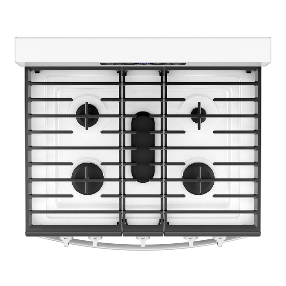 Top view of white 30-inch gas range with black grates and four burners in ranges and kitchenware collection