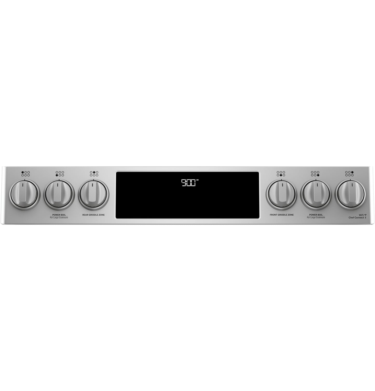 Stainless steel dual-fuel range control panel with six knobs and digital display showing temperature settings