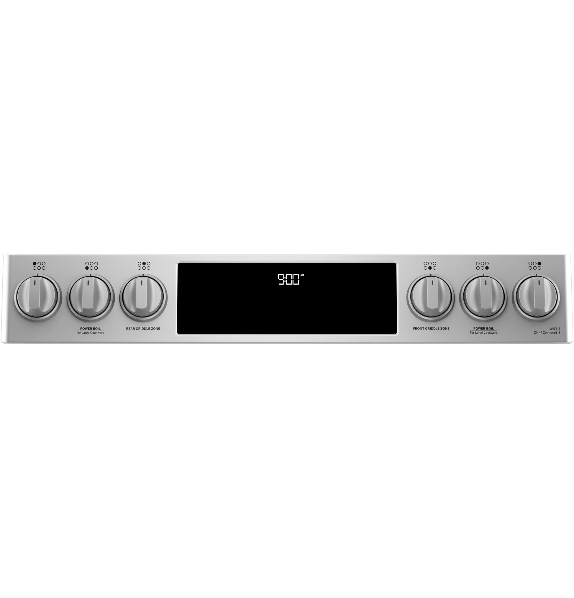 Stainless steel dual-fuel range control panel with six knobs and digital display showing temperature settings