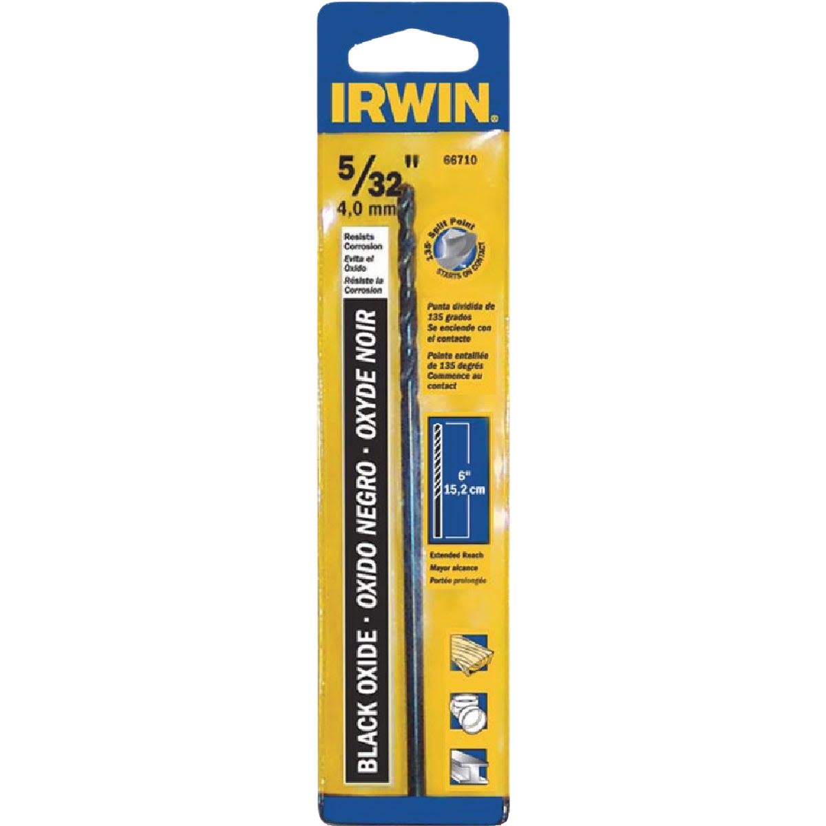 Irwin black oxide extended length drill bit with corrosion resistance for tools and home improvement use