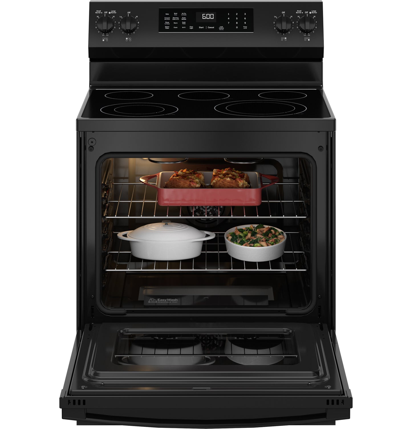 Black free-standing electric convection range with smooth cooktop and open oven door showing food inside for kitchen appliances collection