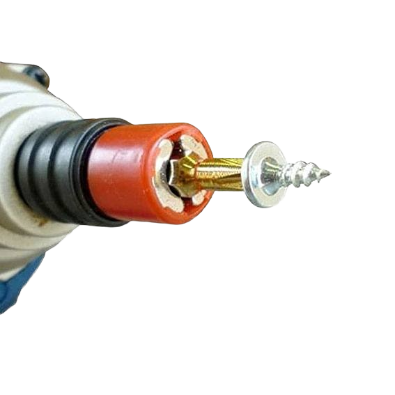 Close-up of drill bit with brass-colored tip magnet holding a silver screw for tool accessories and home improvement use