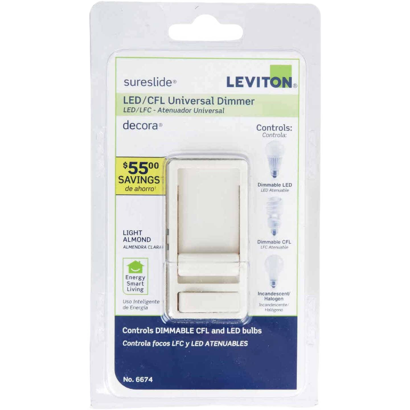 Light almond universal dimmer switch in retail packaging for controlling LED, CFL, and incandescent bulbs in home improvement projects