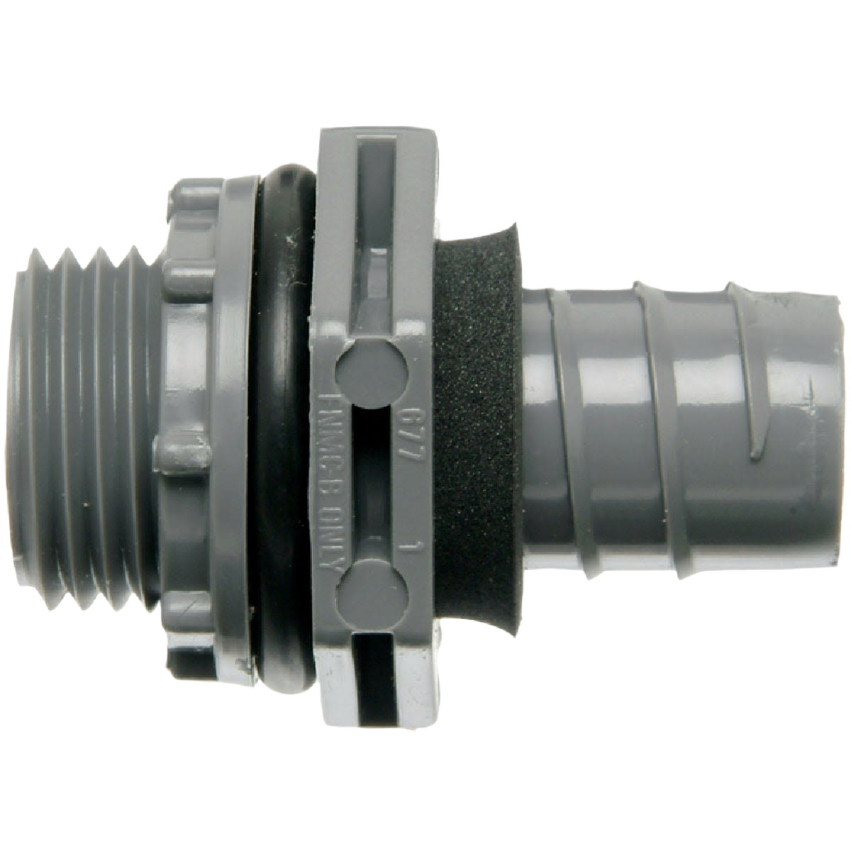 Gray plastic straight conduit connector with threaded end for electrical boxes in under $50 tools collection