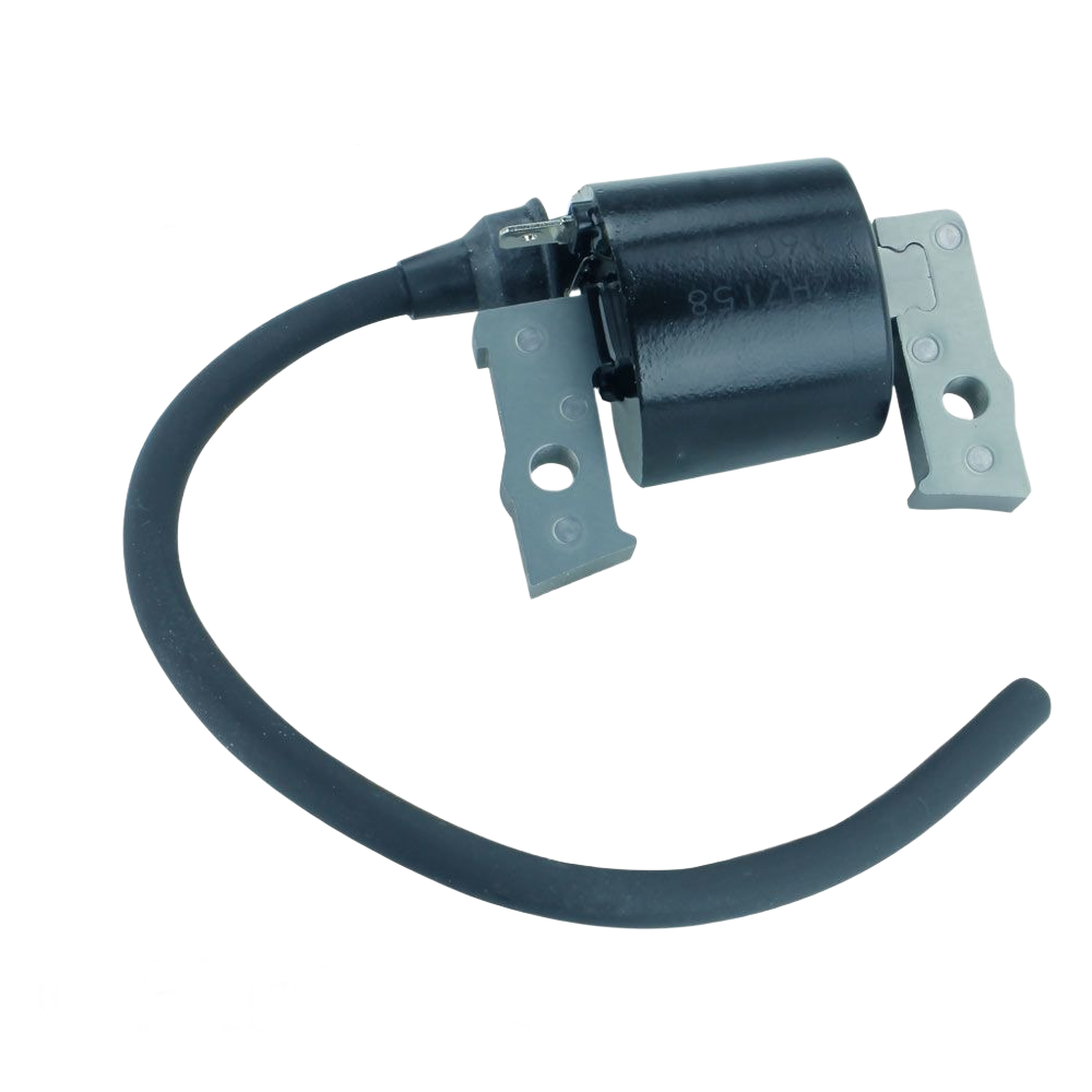 Black ignition coil with metal mounting brackets and attached wire for home improvement and tools use