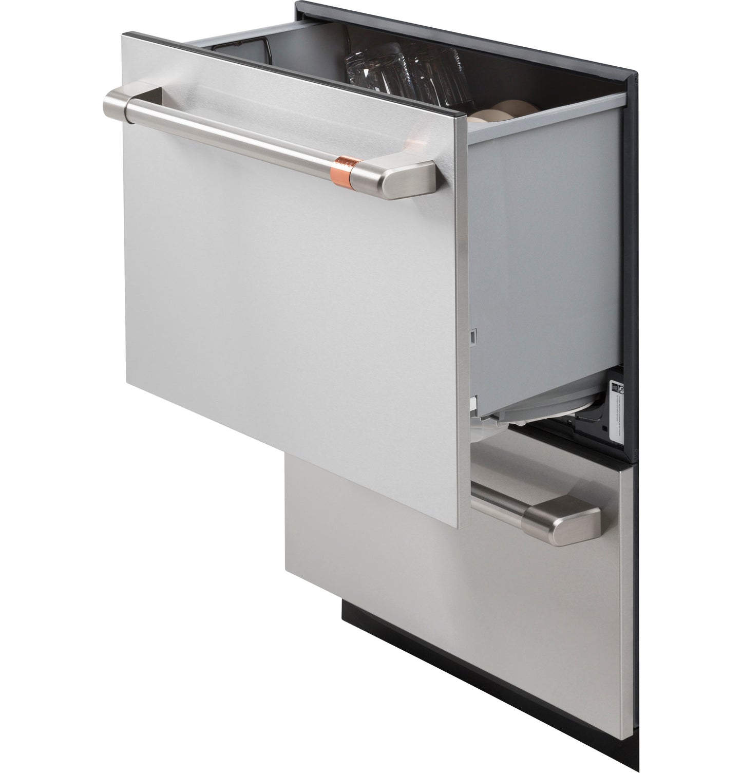 Stainless steel dishwasher double drawer open showing clean glasses and dishes, part of kitchen appliances collection