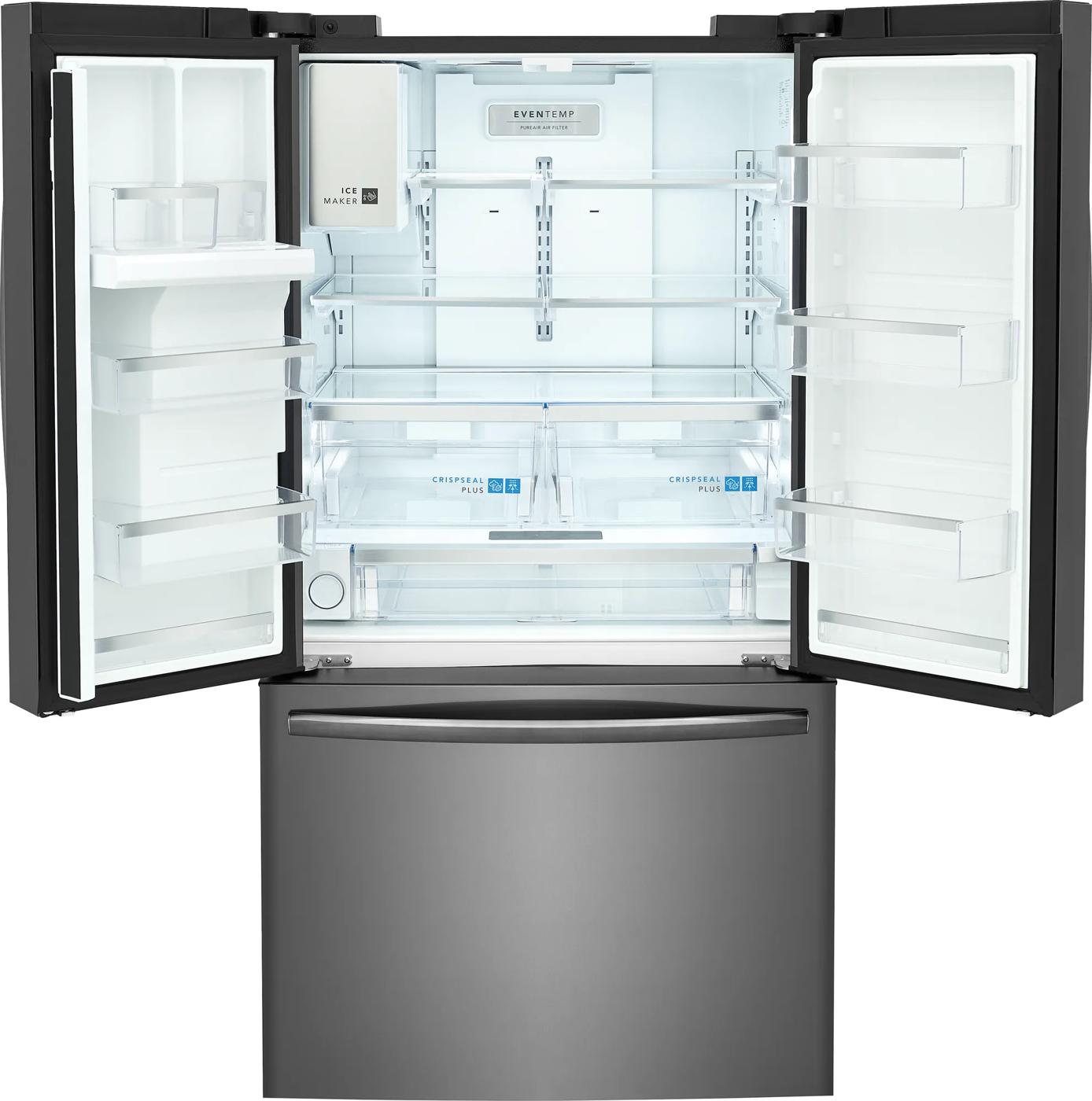 Open standard-depth French door refrigerator with spacious adjustable shelves and clear crispers for kitchen appliances collection
