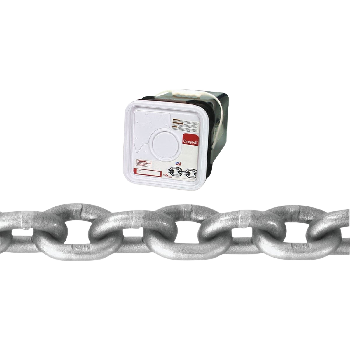 Heavy-duty galvanized steel chain links with Campbell branding for tools and home improvement uses
