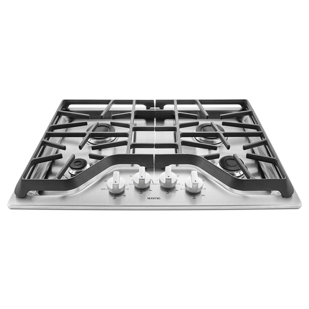 Stainless steel 30-inch gas cooktop with five burners and front control knobs from Cooktops collection