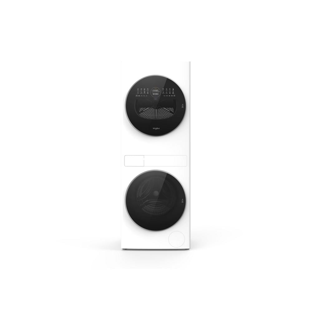 Compact white heat pump laundry tower with top-loading washer and front-loading electric dryer, part of Washer/Dryer Combos at Hartville Hardware.