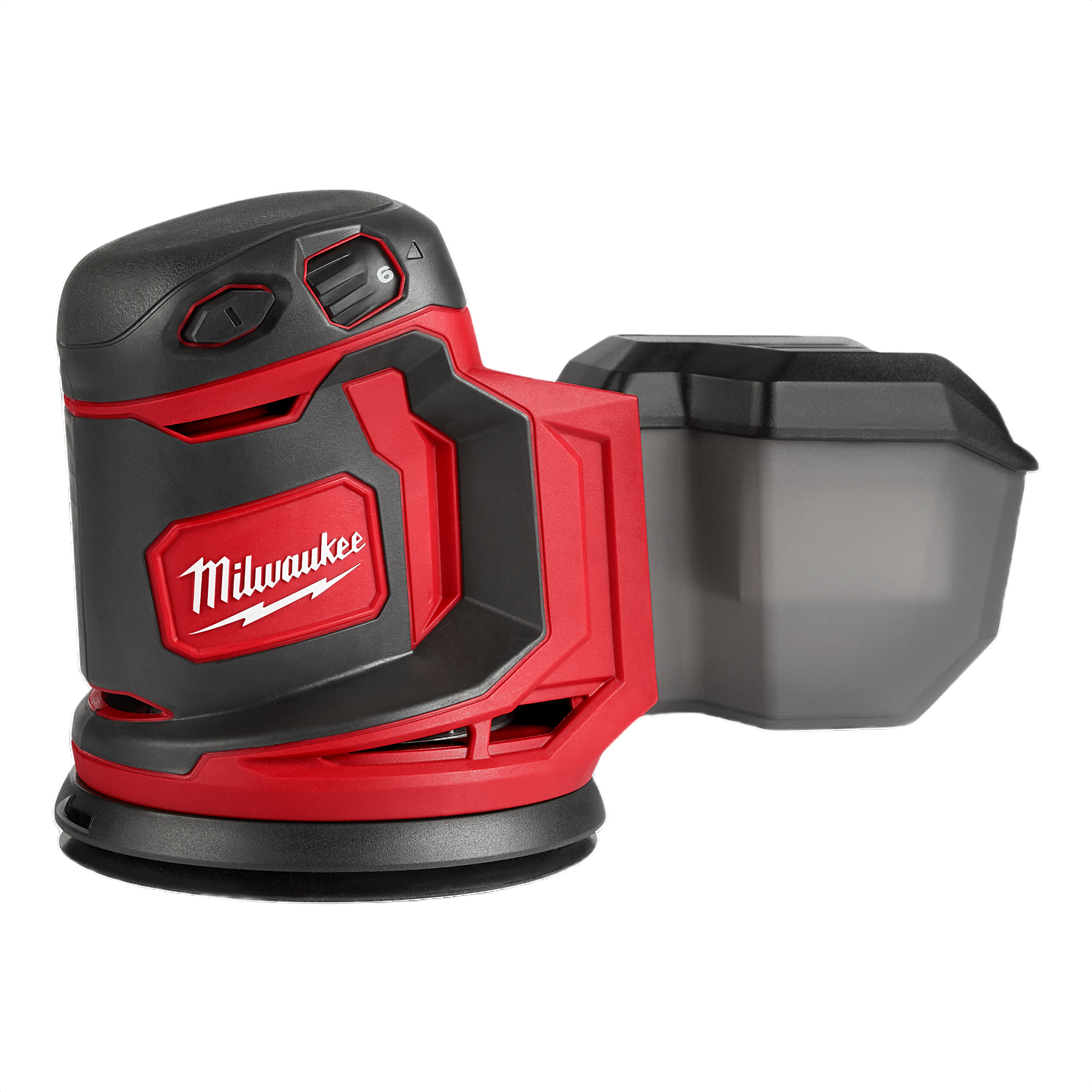 Compact red and black cordless random orbit sander with dust collection, part of woodworking tools and sanding collections