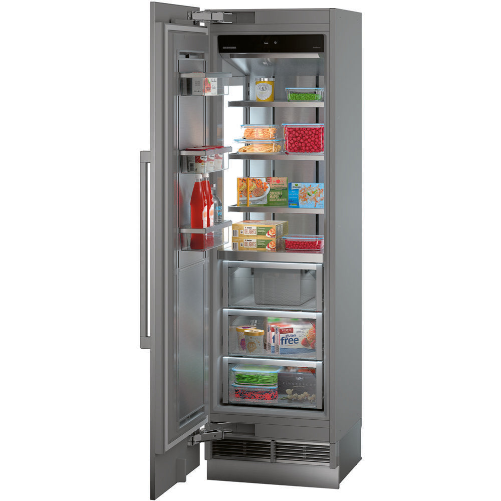 Open stainless steel built-in upright freezer with ice maker, clear shelves, and multiple storage compartments in appliances collection