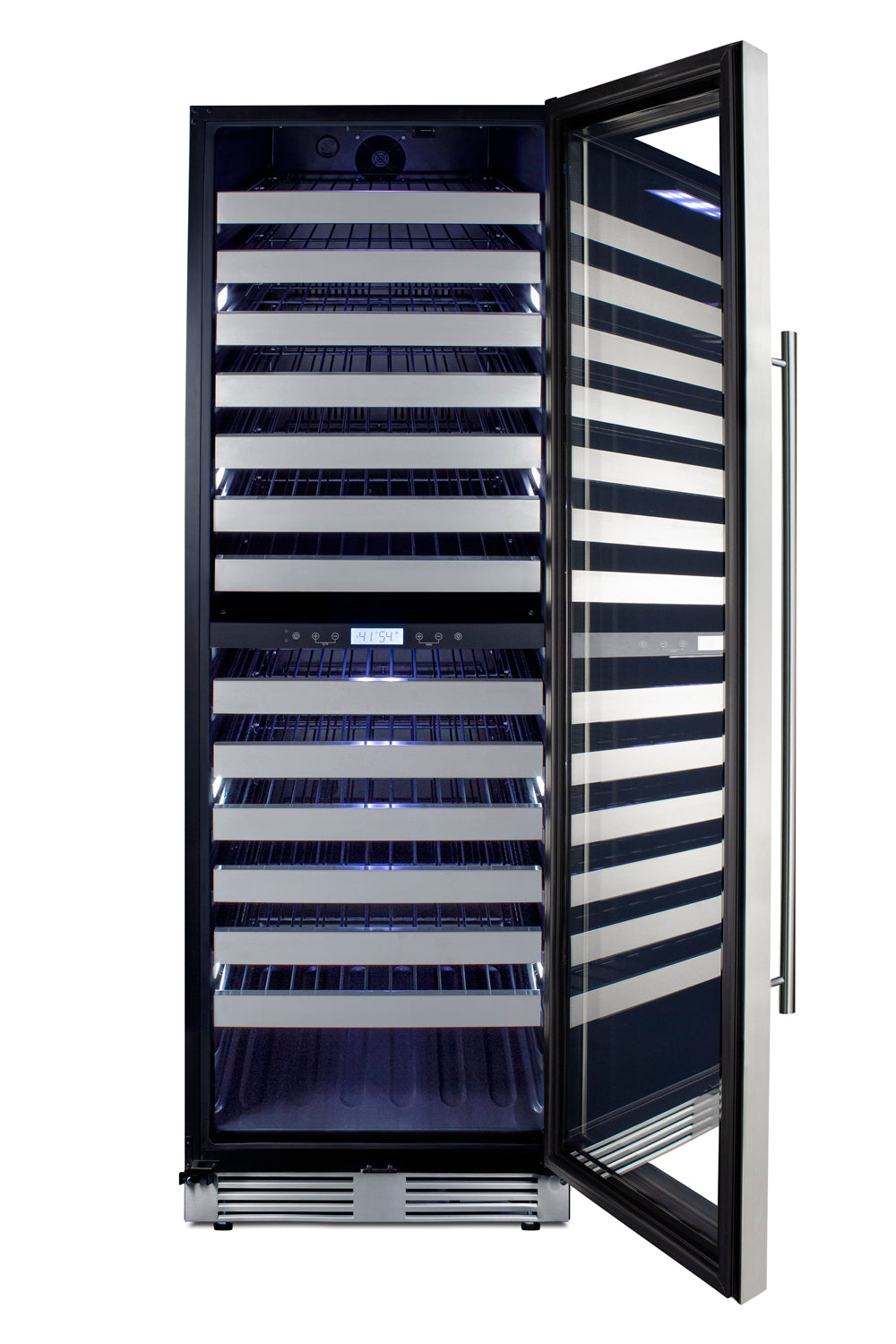 Tall 24-inch wide dual-zone wine cellar with stainless steel shelves, glass door, and digital temperature controls in appliances collection