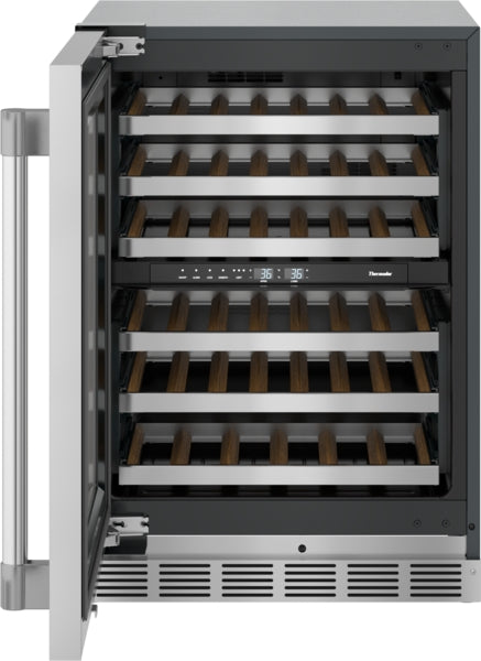 Under-counter wine cooler with stainless steel frame, glass door, wooden shelves, and digital dual temperature controls