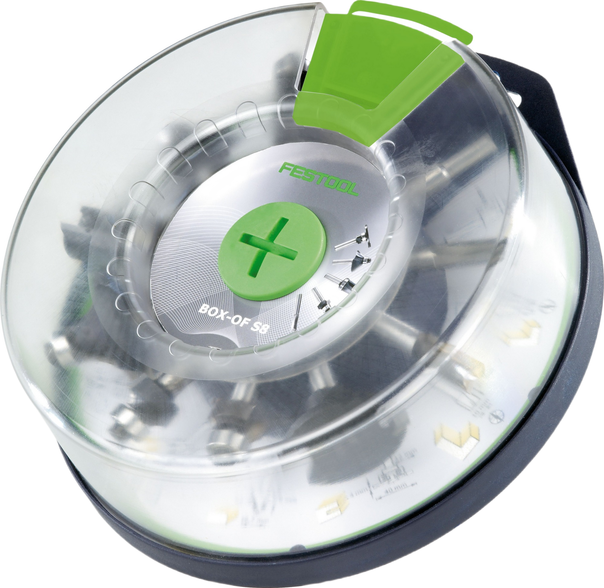 Round storage box with assorted carbide-tipped router bits for woodworking in Festool power tool accessories collection