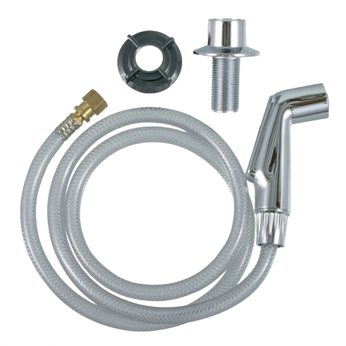 Chrome finish kitchen sink spray hose with attached spray head, hose connector, and mounting hardware for home improvement use