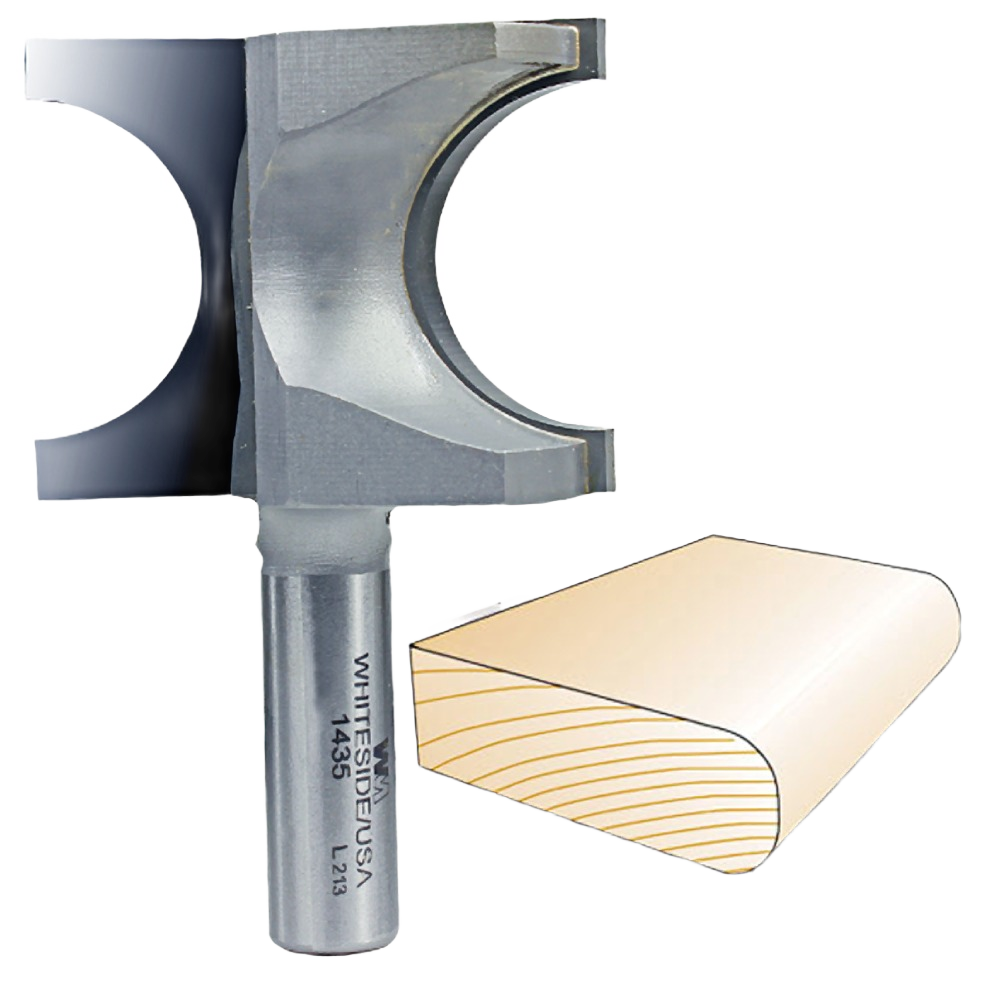 Carbide router bit with half-inch shank and bull nose profile for creating rounded wood edges in home improvement projects
