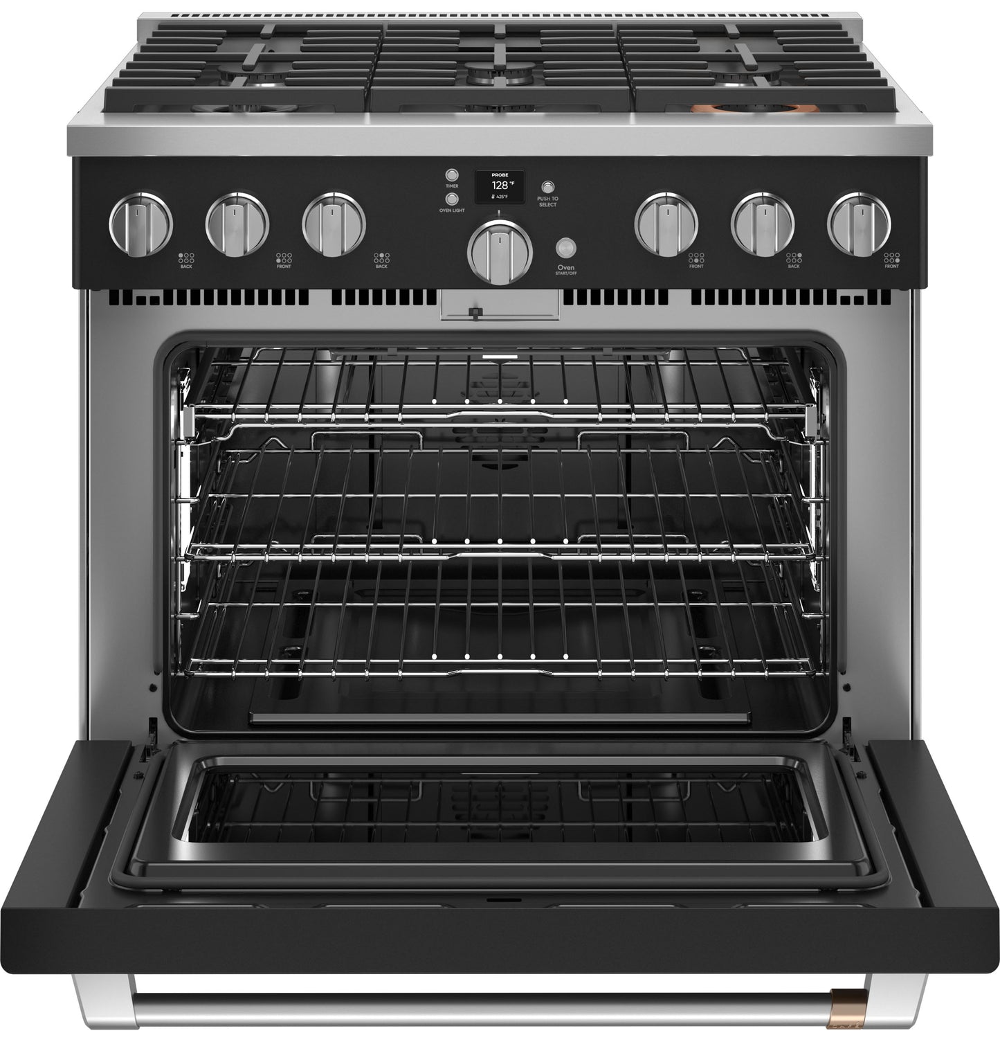 Open front view of stainless steel smart all-gas range with six burners and oven racks in kitchen appliances collection