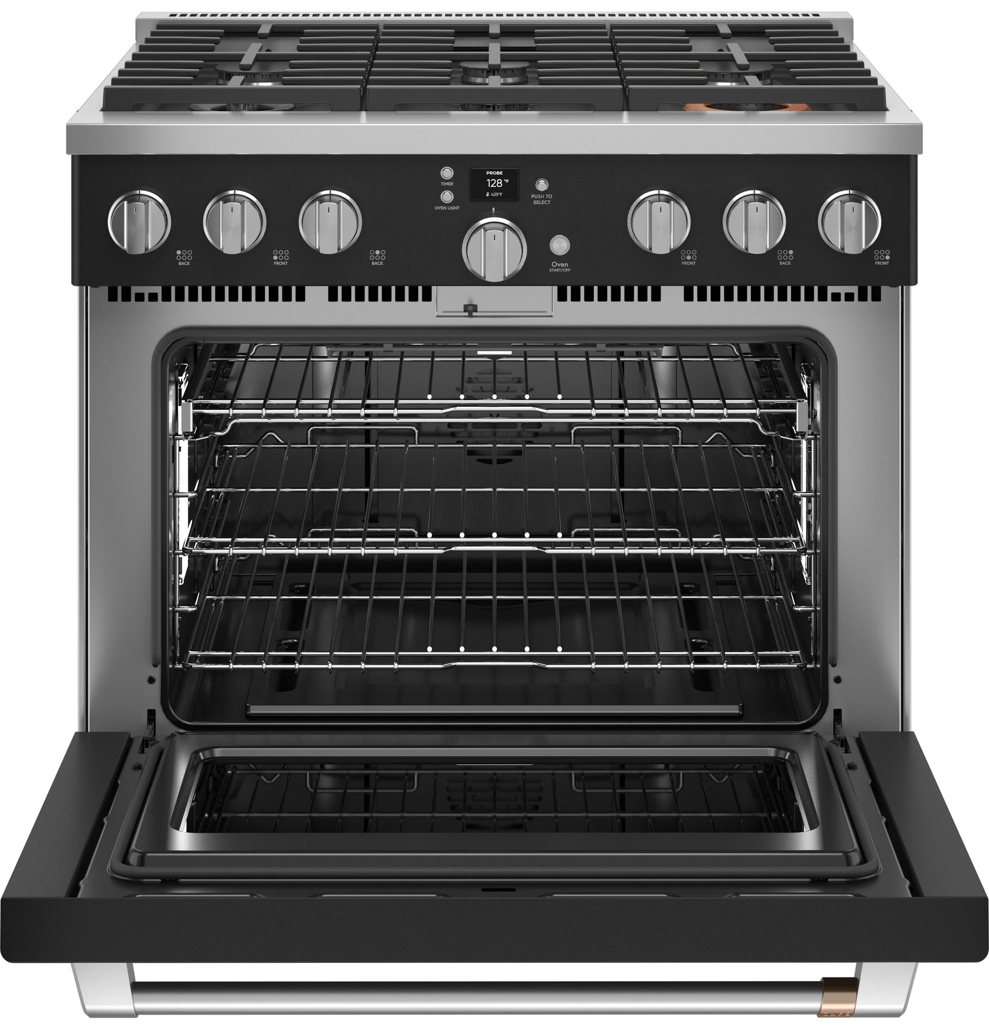 Open front view of stainless steel smart all-gas range with six burners and oven racks in kitchen appliances collection