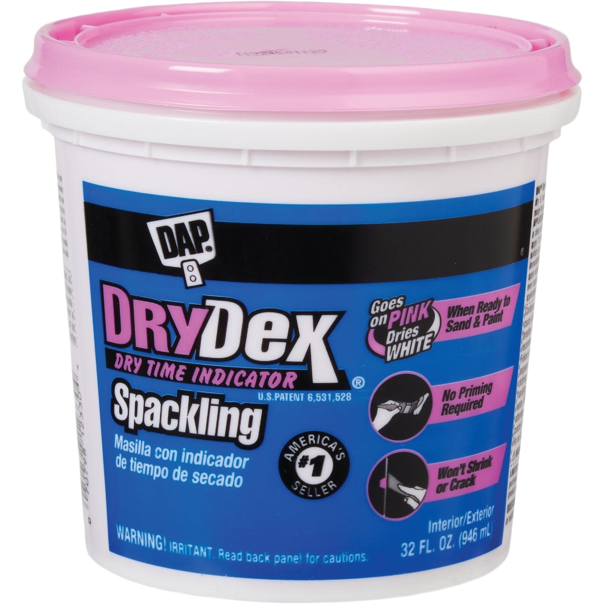Container of DAP DryDex acrylic spackling with pink lid for home improvement and wall repair projects