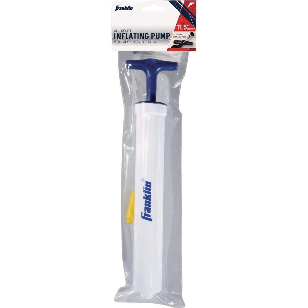 Compact hand air pump with blue handle and white body, including assorted needles for sports and home use