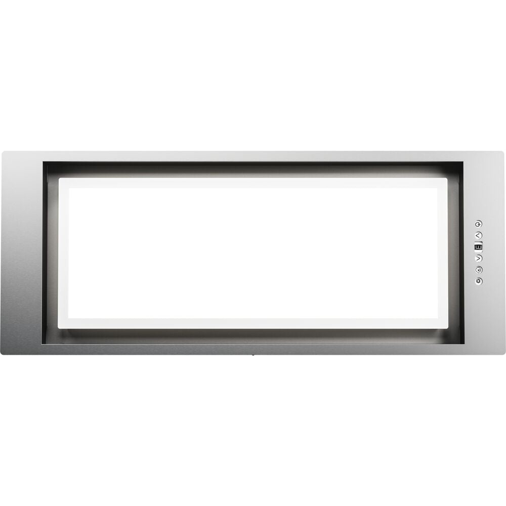 Rectangular stainless steel insert hood with LED lighting and control buttons for kitchen ventilation appliances.