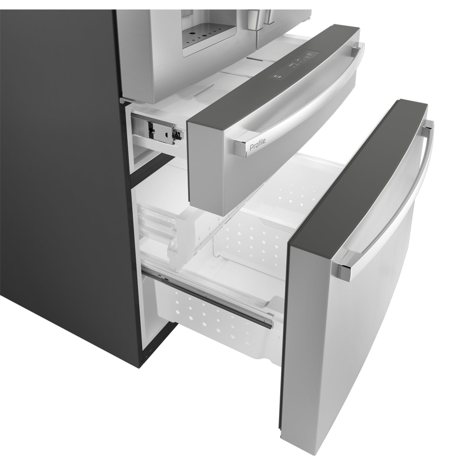 Open bottom freezer drawers in fingerprint resistant stainless steel French-door refrigerator from kitchen appliance collection