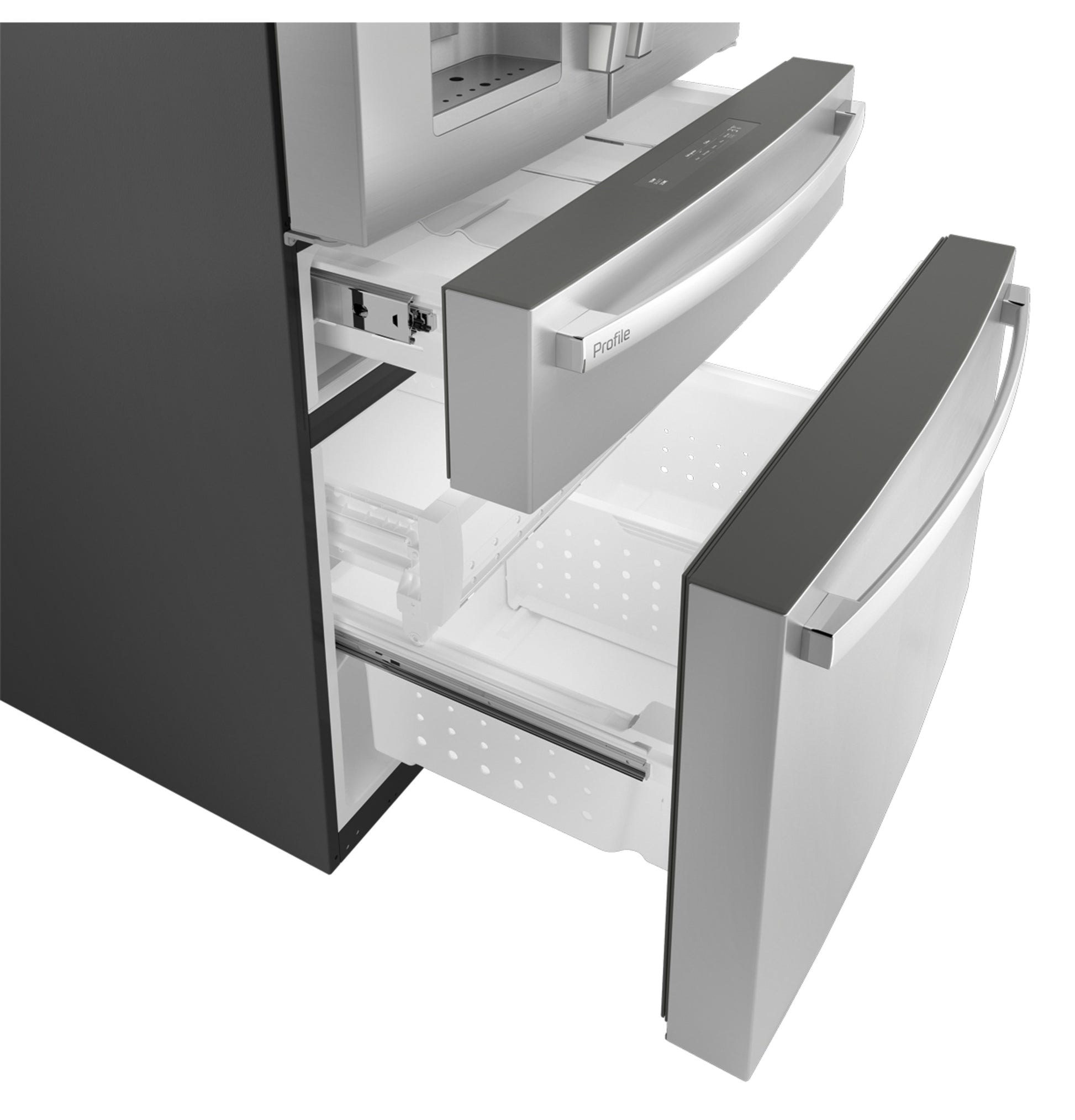 Open bottom freezer drawers in fingerprint resistant stainless steel French-door refrigerator from kitchen appliance collection