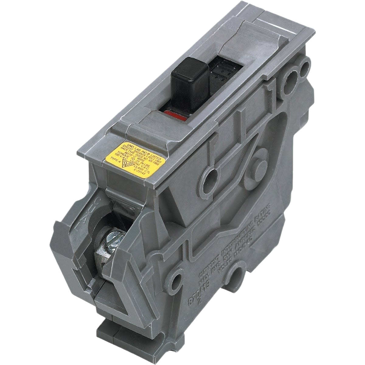 Gray single-pole circuit breaker with black toggle switch and yellow warning label for home improvement use