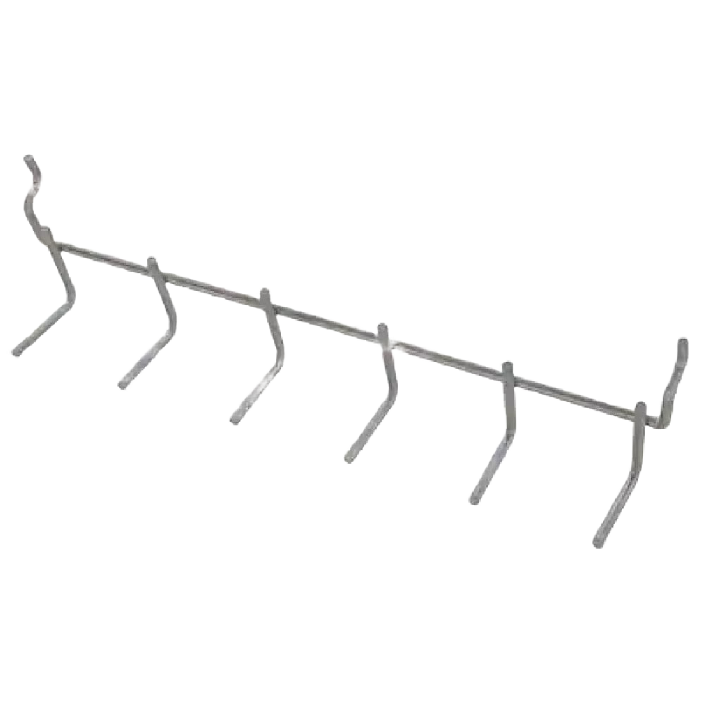Metal angled peg tool holder with multiple hooks for organizing tools and accessories in hardware and storage collections