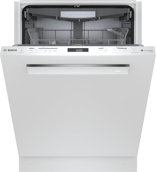 White Bosch dishwasher with partially open door showing control panel and empty interior racks from kitchen appliances collection