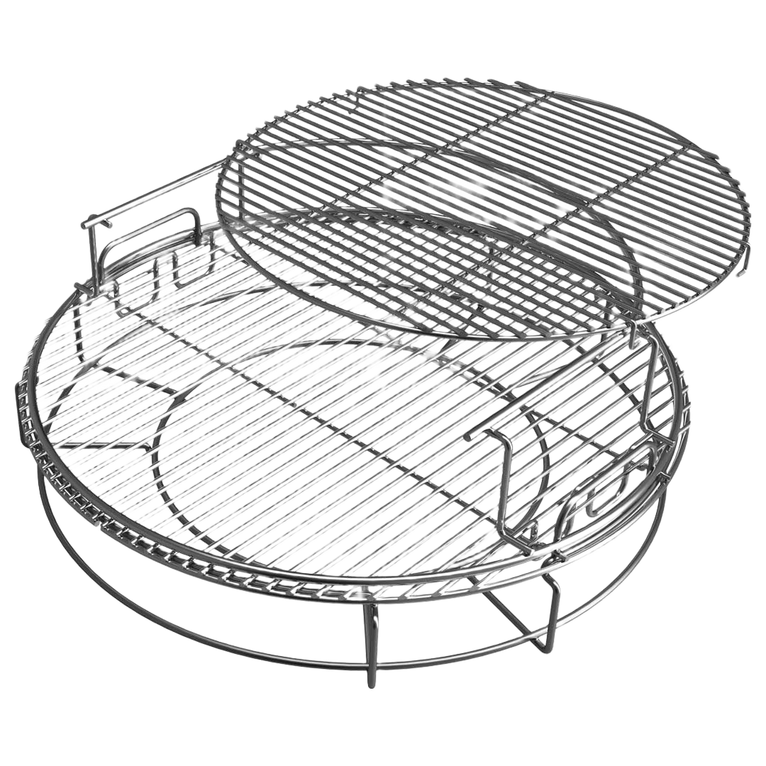 Two-tier stainless steel grill rack accessory designed for expanding cooking space in outdoor grilling setups