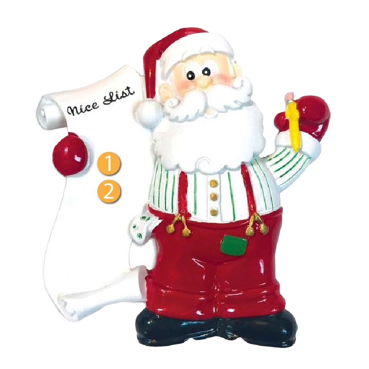 Festive Santa figurine holding a personalized Nice List scroll, Christmas ornament under $50 from holiday collection
