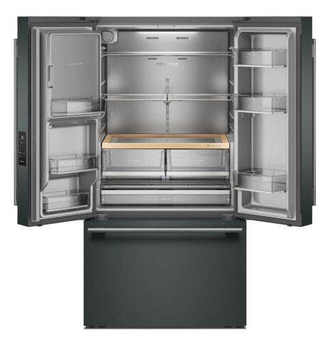 Open black French door refrigerator with bottom freezer and adjustable shelves for kitchen and appliance use