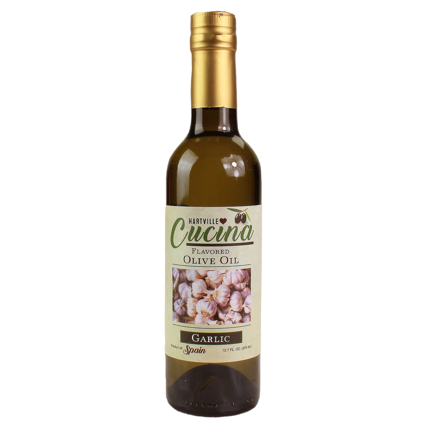 Bottle of garlic flavored olive oil from Hartville Cucina in 12.7 oz size for salad dressings and food & beverage collections