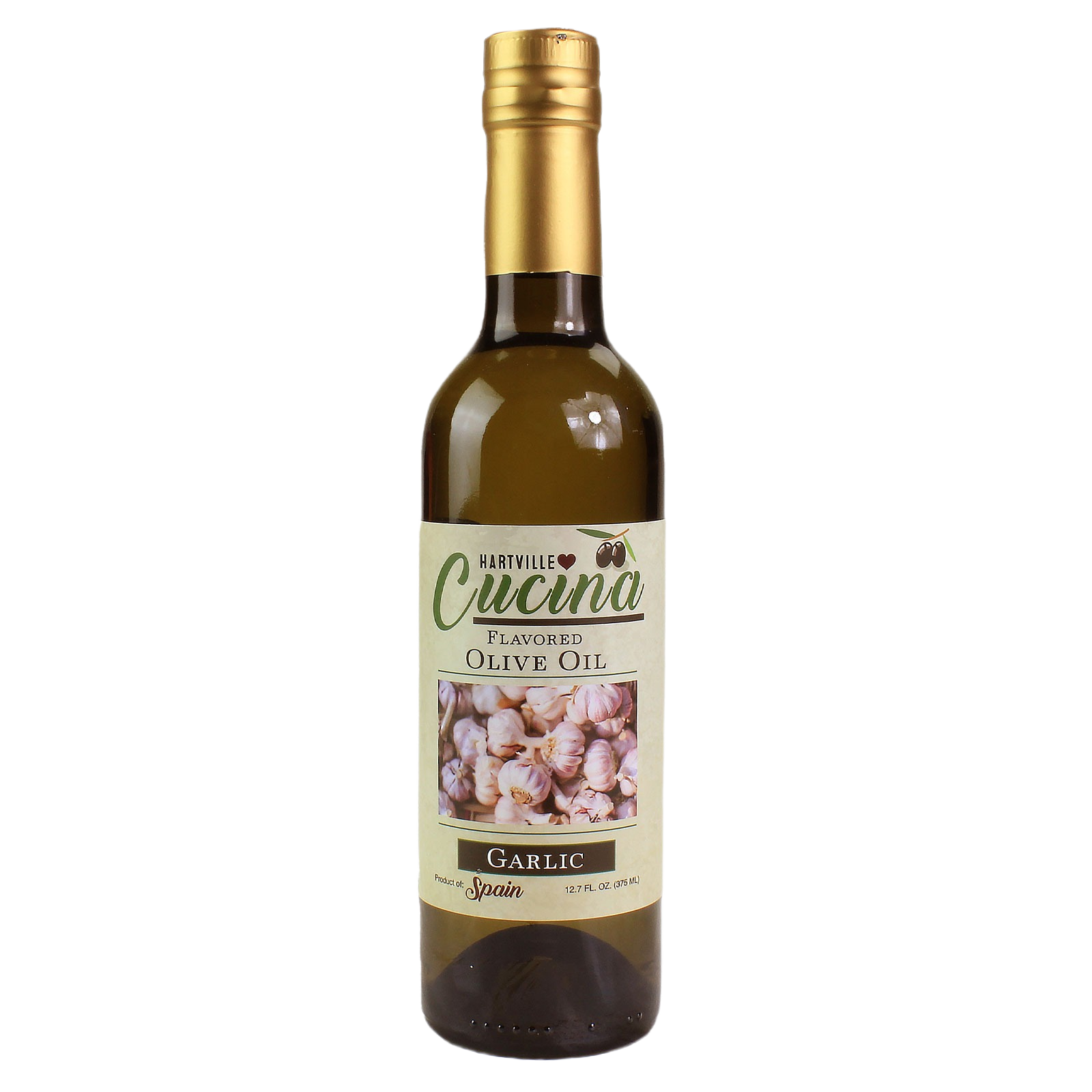 Bottle of garlic flavored olive oil from Hartville Cucina in 12.7 oz size for salad dressings and food & beverage collections
