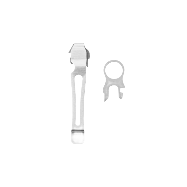 Stainless steel pocket clip and quick-release lanyard ring for multi-tools in cutting and woodworking tool collections
