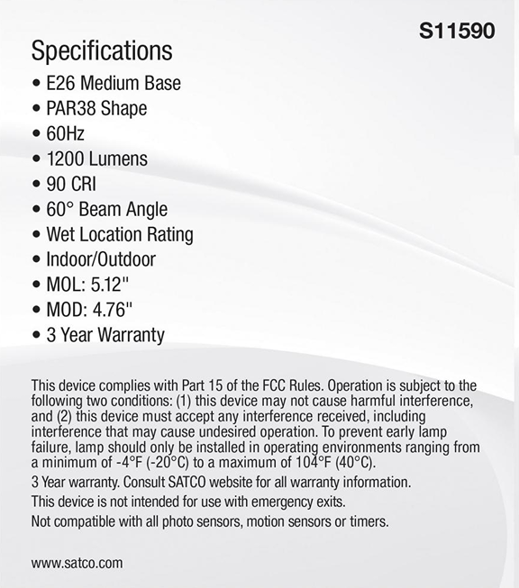 Specification label listing E26 medium base, PAR38 shape, 1200 lumens brightness, 60 degree beam angle, and indoor/outdoor use
