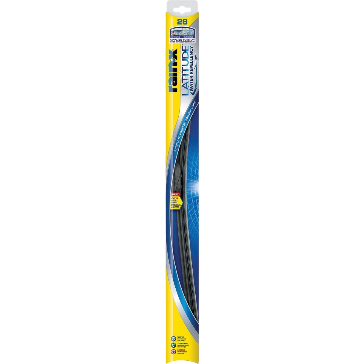 Packaged 26-inch Rain-X Latitude wiper blade designed for clear windshield visibility in wet weather conditions