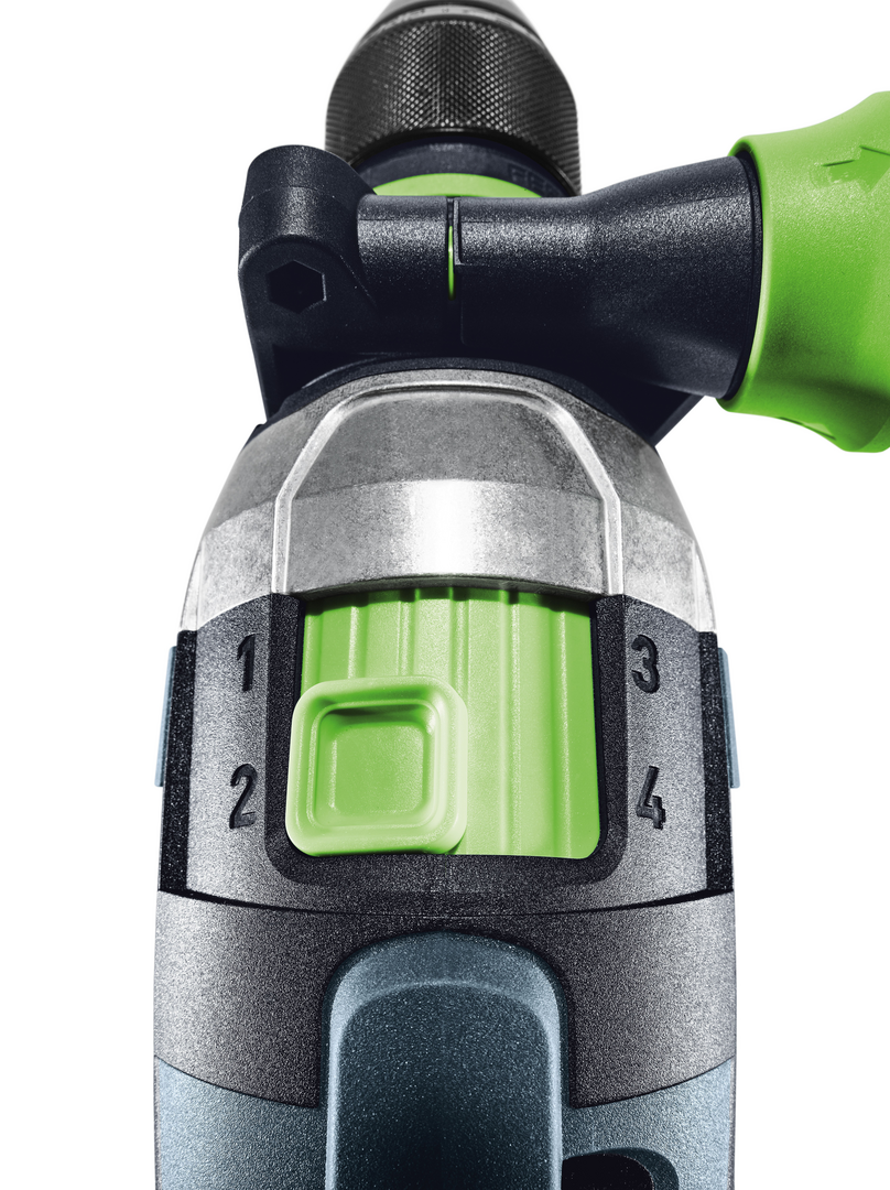 Close-up of drill clutch settings on Festool cordless hammer drill with green and black accents for home improvement tasks