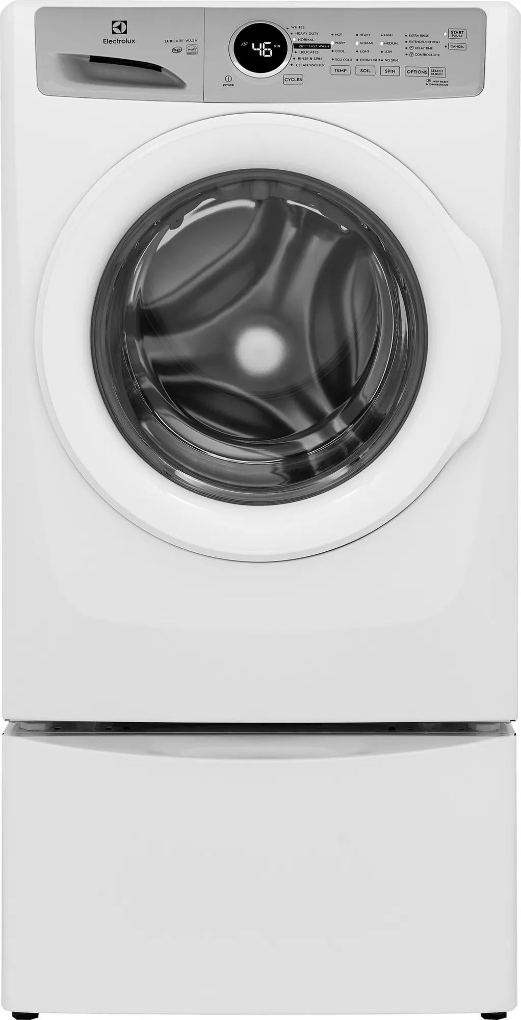 White front load washer with digital cycle display and LuxCare® Wash, part of front load washers and appliances collection