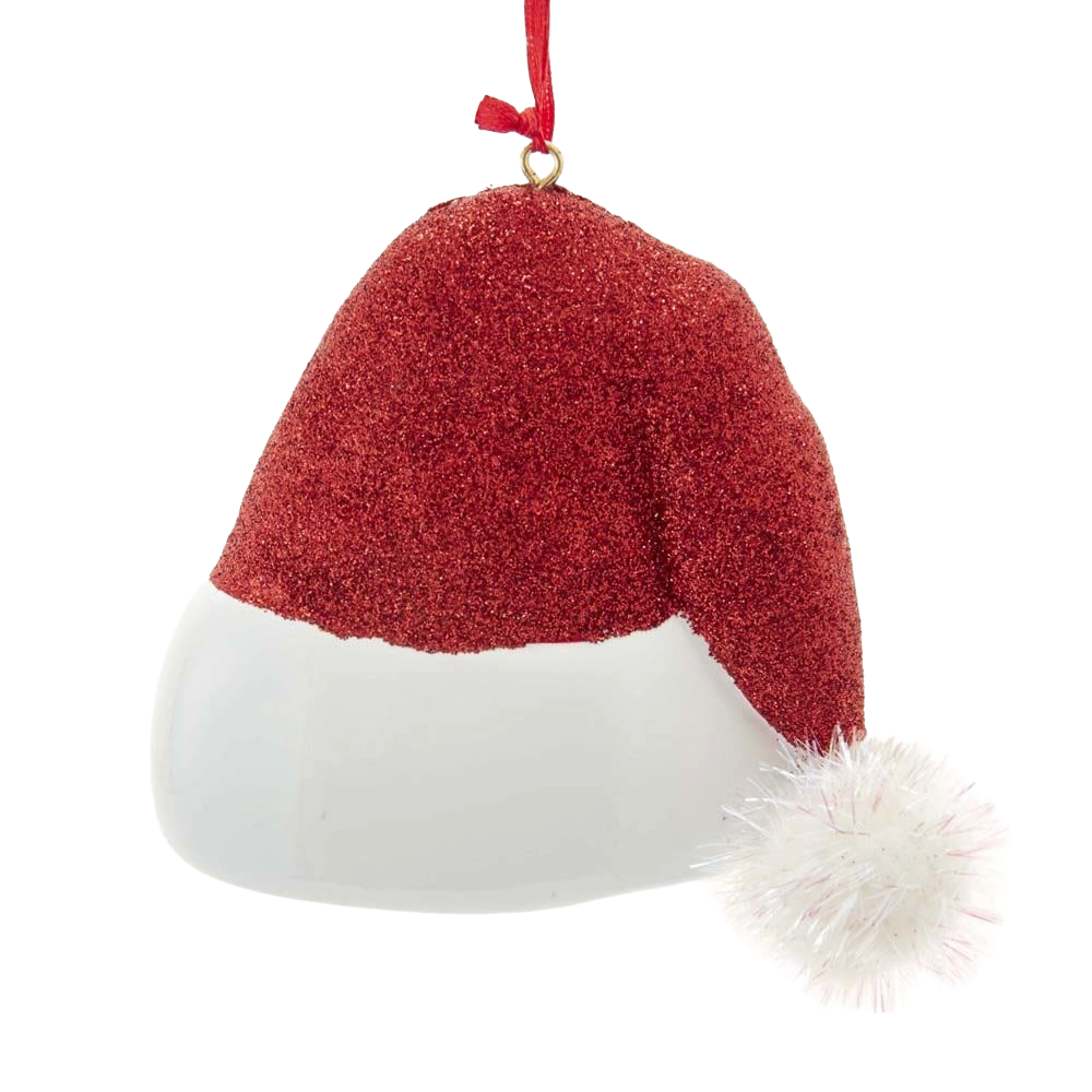 Glittery red and white Santa hat ornament with sparkling pom pom, festive Christmas tree decoration under $50