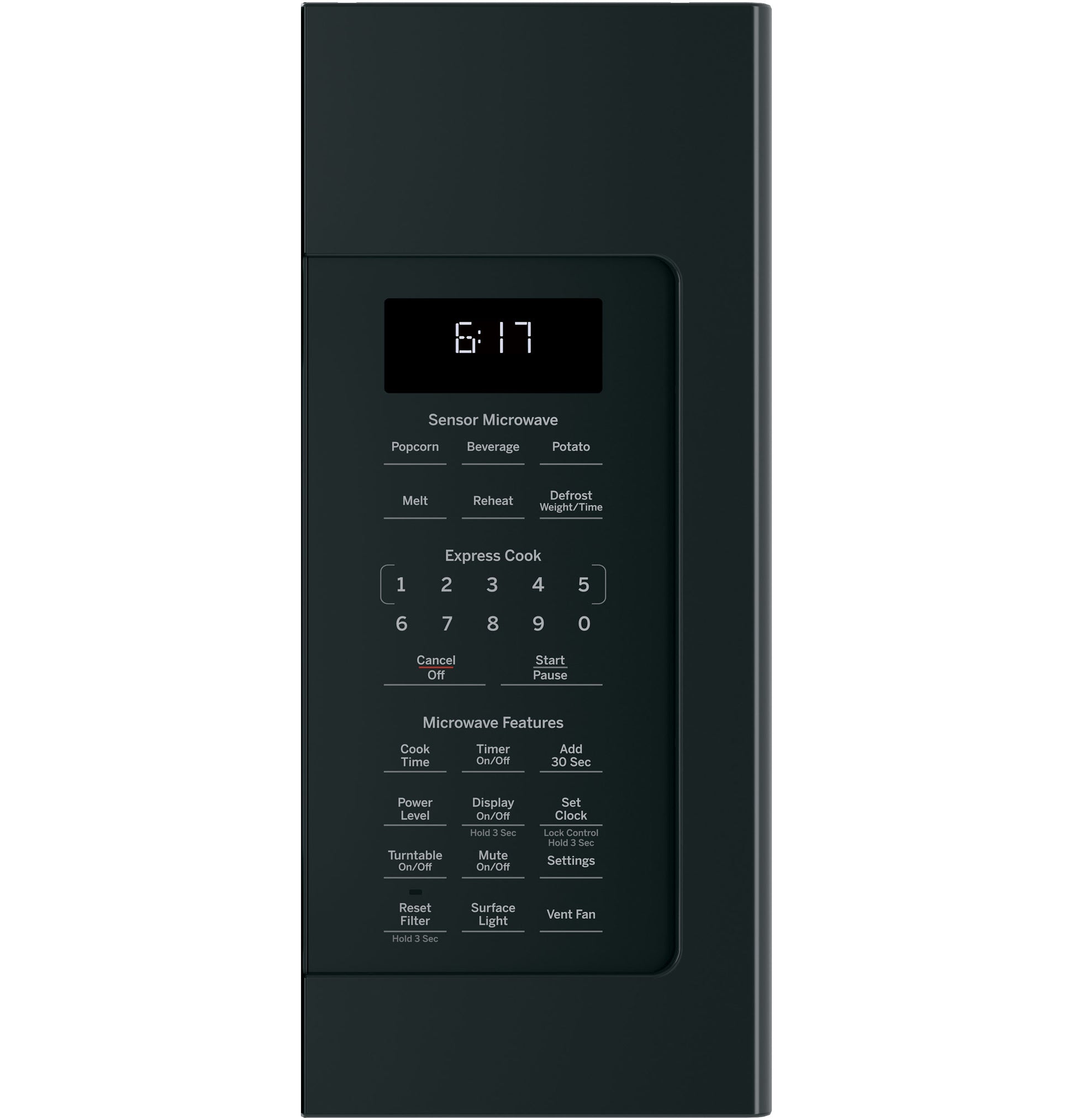Control panel of black over-the-range sensor microwave with timer and multiple cooking options from kitchen appliances collection